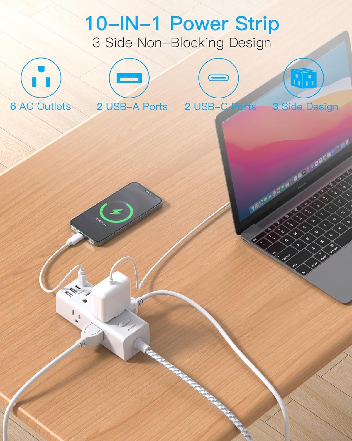 Regleta enchufe plano 6 tomas 4 USB con proteccion