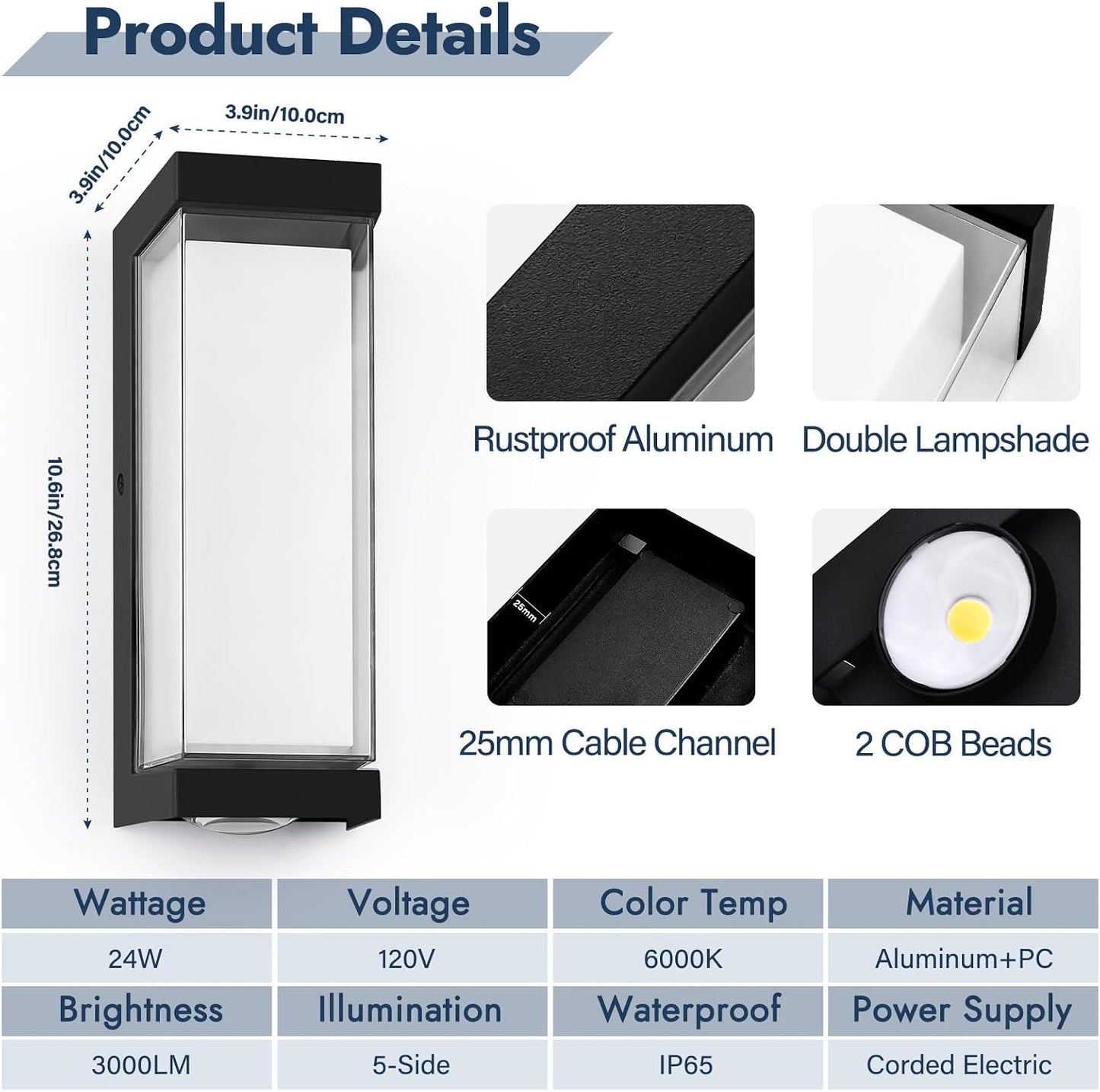 Luminaria LED exterior IP65 24W lámpara pared negra 3000LM