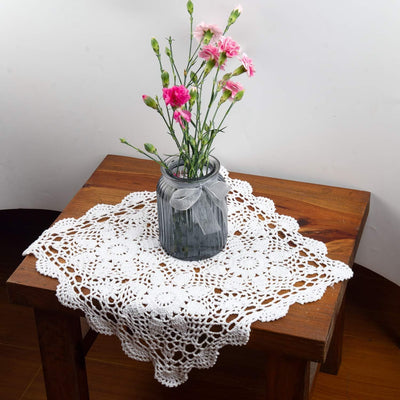 Mantel cuadrado algodón ganchillo 14x14pulg blanco