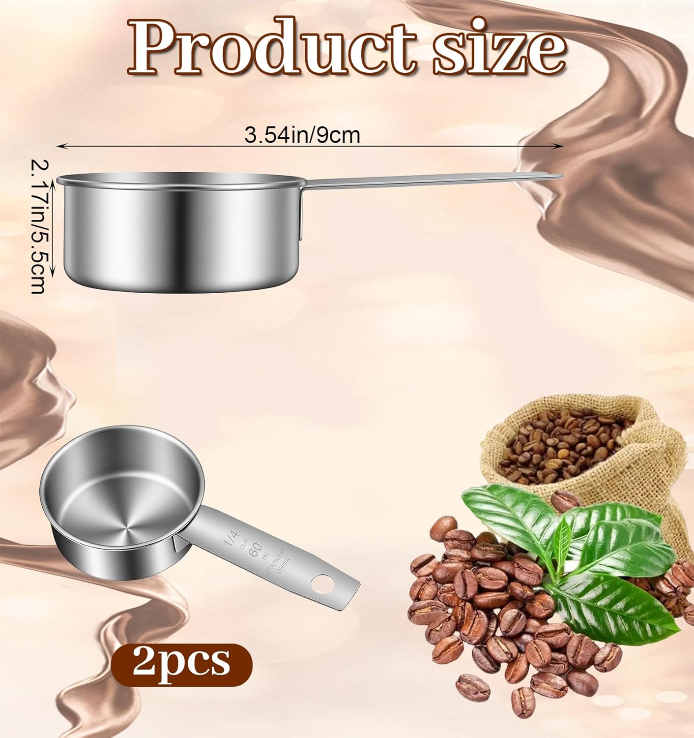 2 Tazas Medidoras 1/4 Taza Cuchara Acero Inox 2oz para Café y Gatos