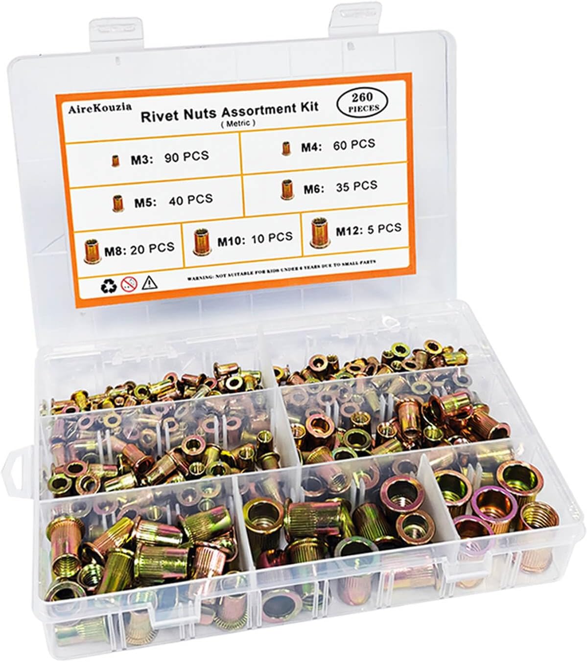 Kit 260 Pzas Tuercas Remache M3-M12 Acero Carbono Cabeza Plana
