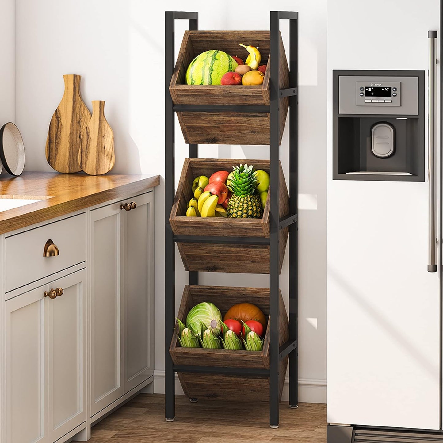 Soporte cesta 3 niveles madera organiza cocina baño sala