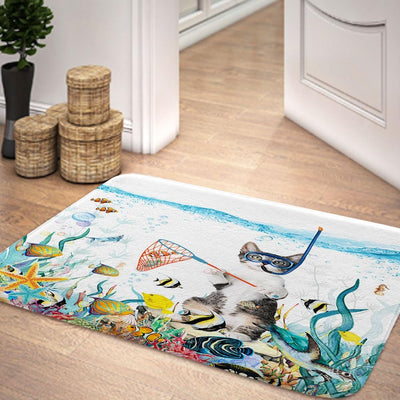 Alfombras baño con gatos y animales marinos color verde azulado