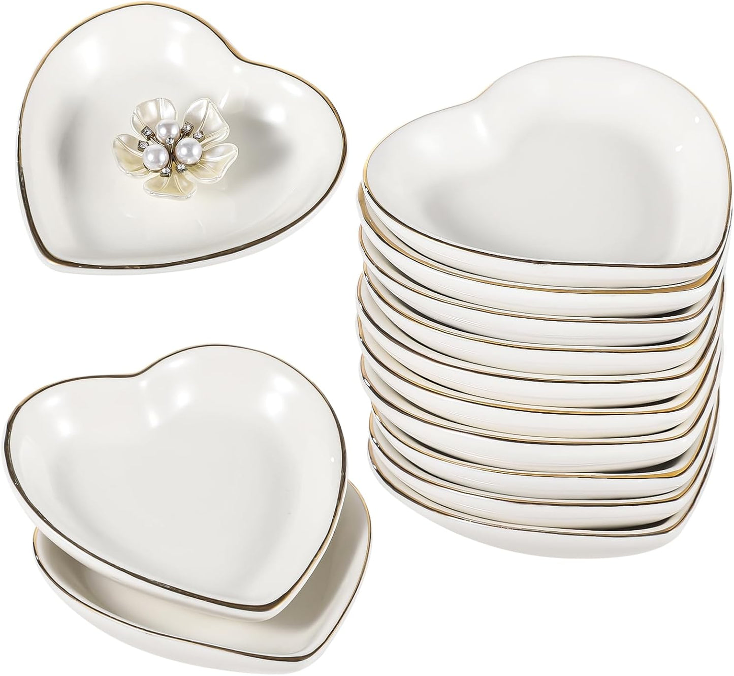 12 Platos Cerámica Corazón para Joyas Anillo Boda Dorado