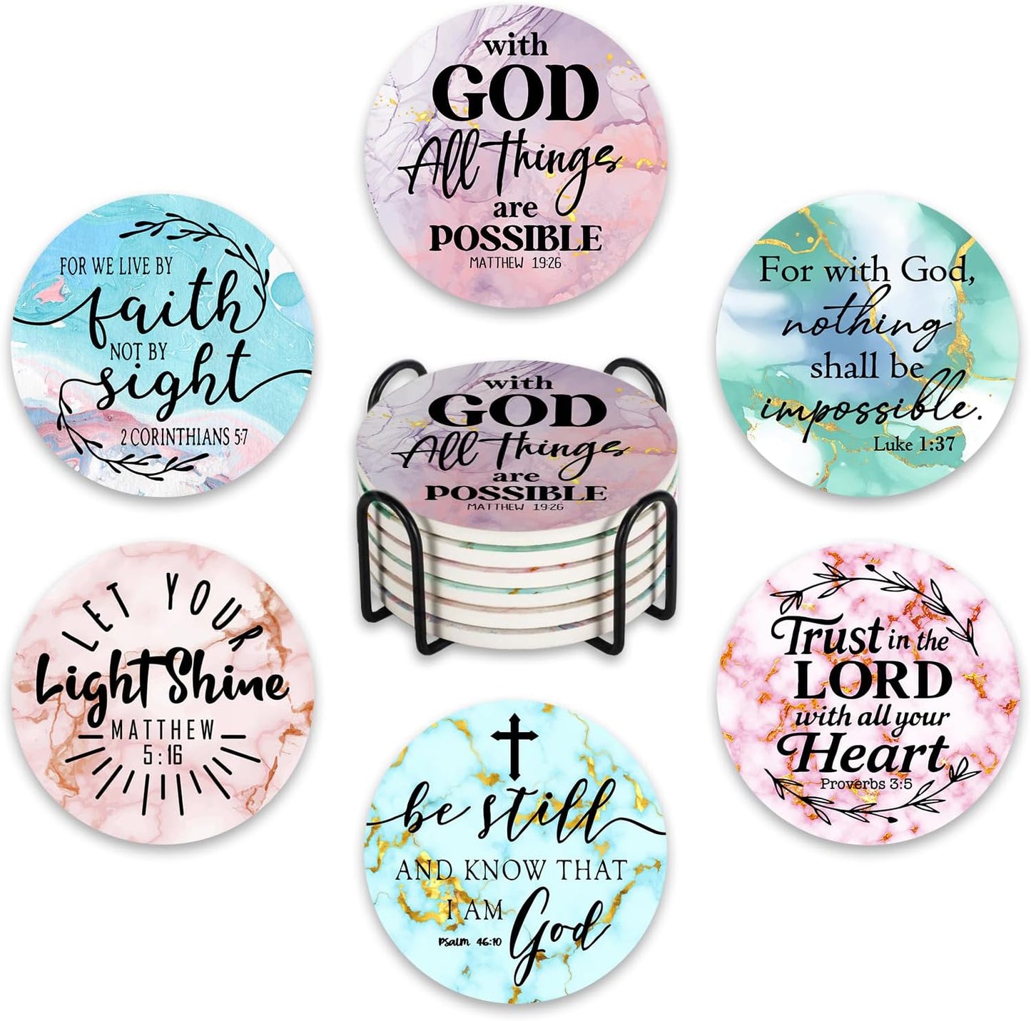 6 Pzas Posavasos Cerámica Cristiana Con Soporte Versículo Bíblico