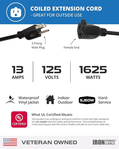 Cable extensión en espiral negro 11.5ft 15A resistente aceite