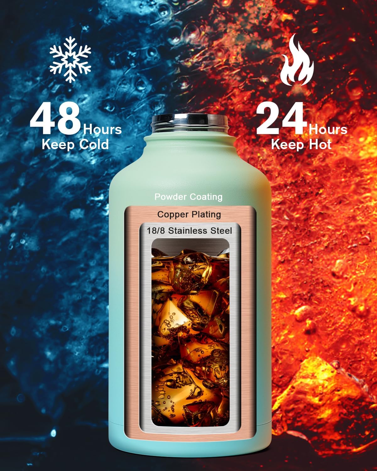 Botella agua aislada acero inox 64oz sin BPA con mango