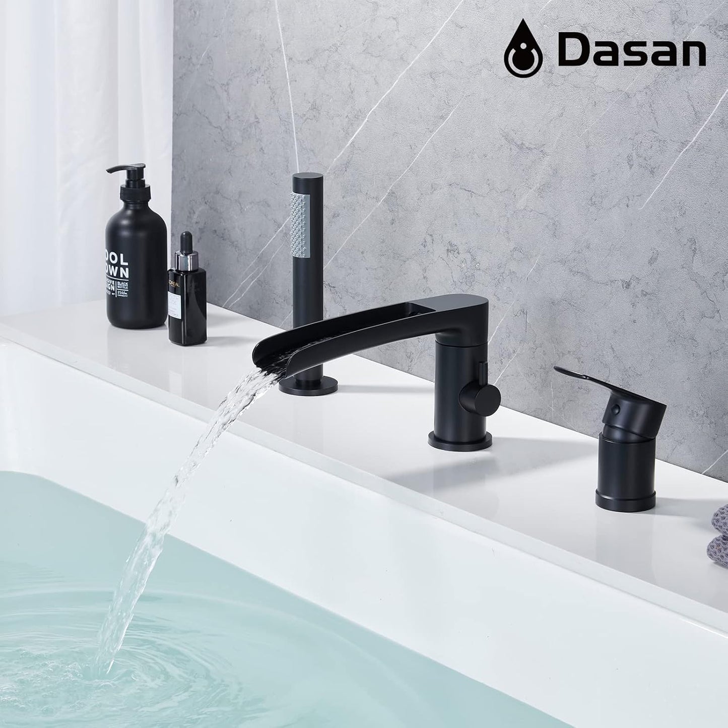 Grifo bañera romano 3 agujeros rociador ducha negro mate