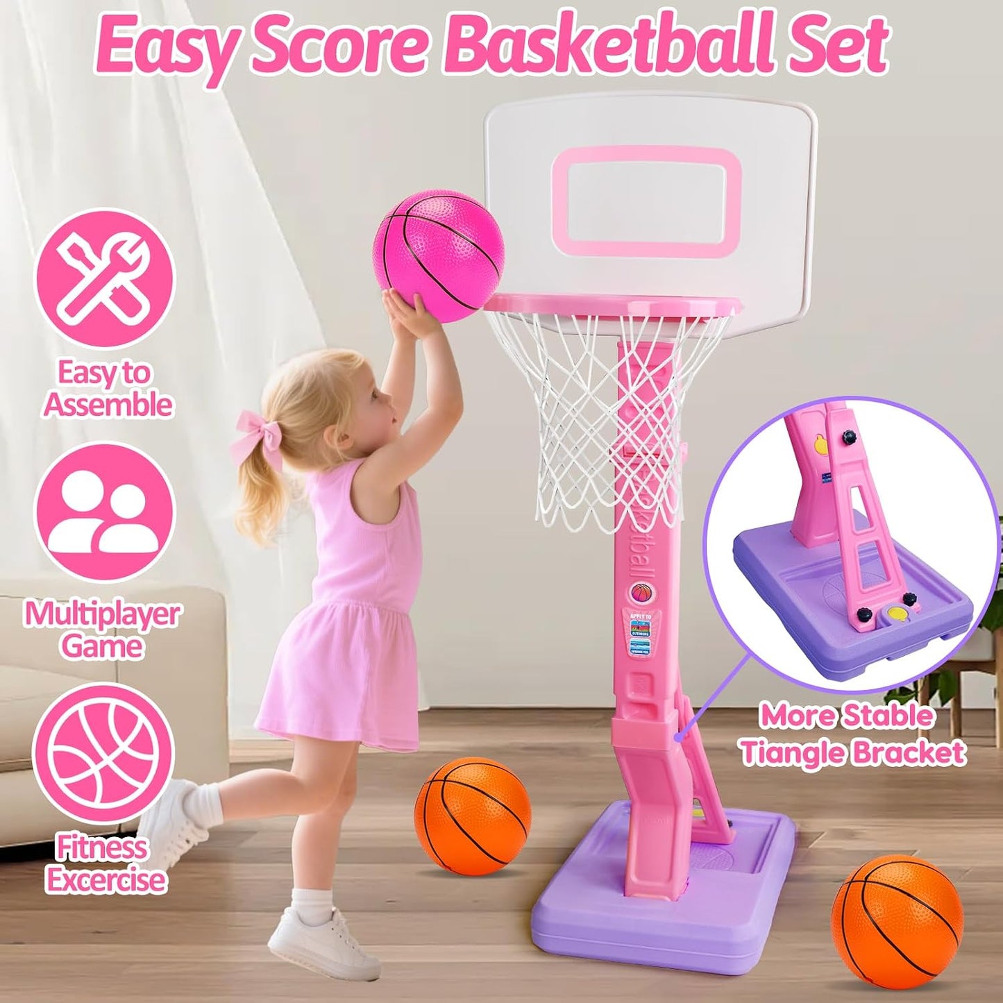 Aro baloncesto ajustable para niñas 1-3 años con 3 pelotas