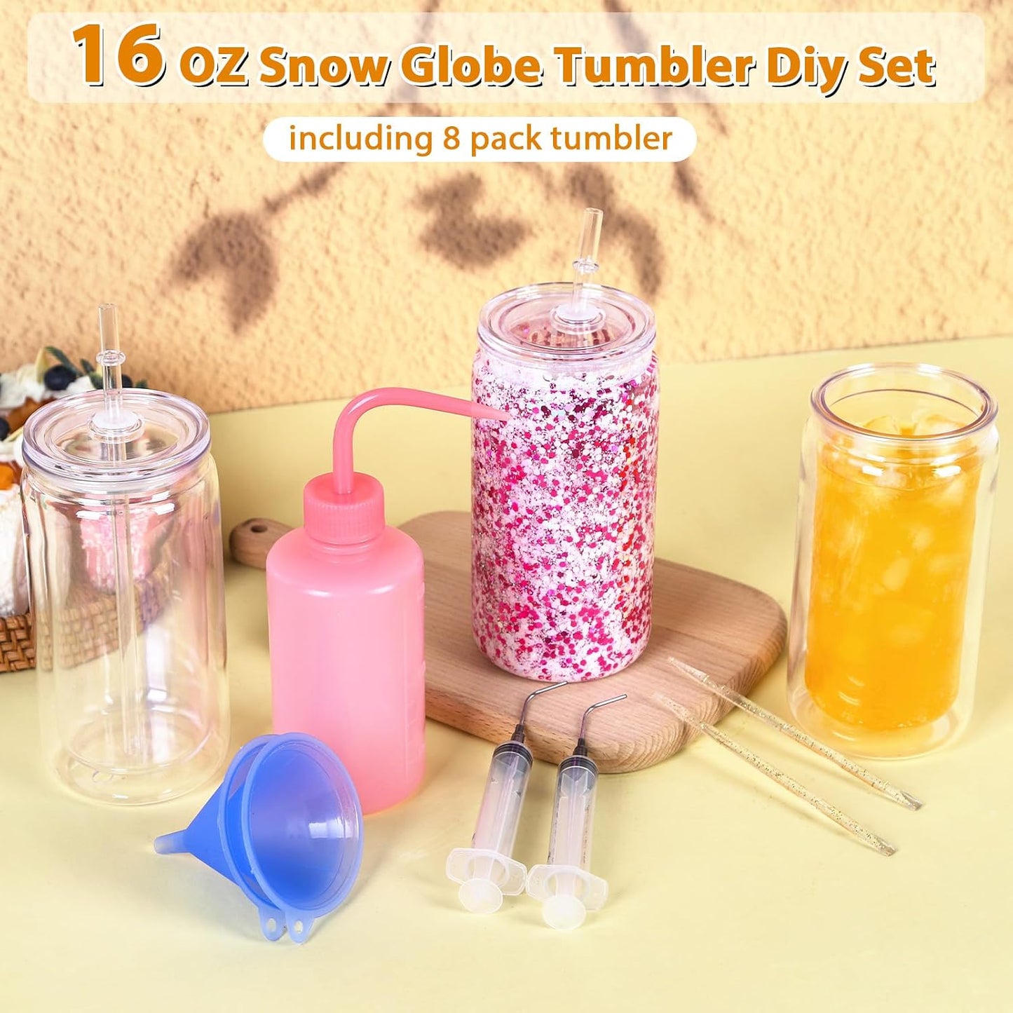 Kit 8 vasos tumbler plástico doble pared 16oz con embudo