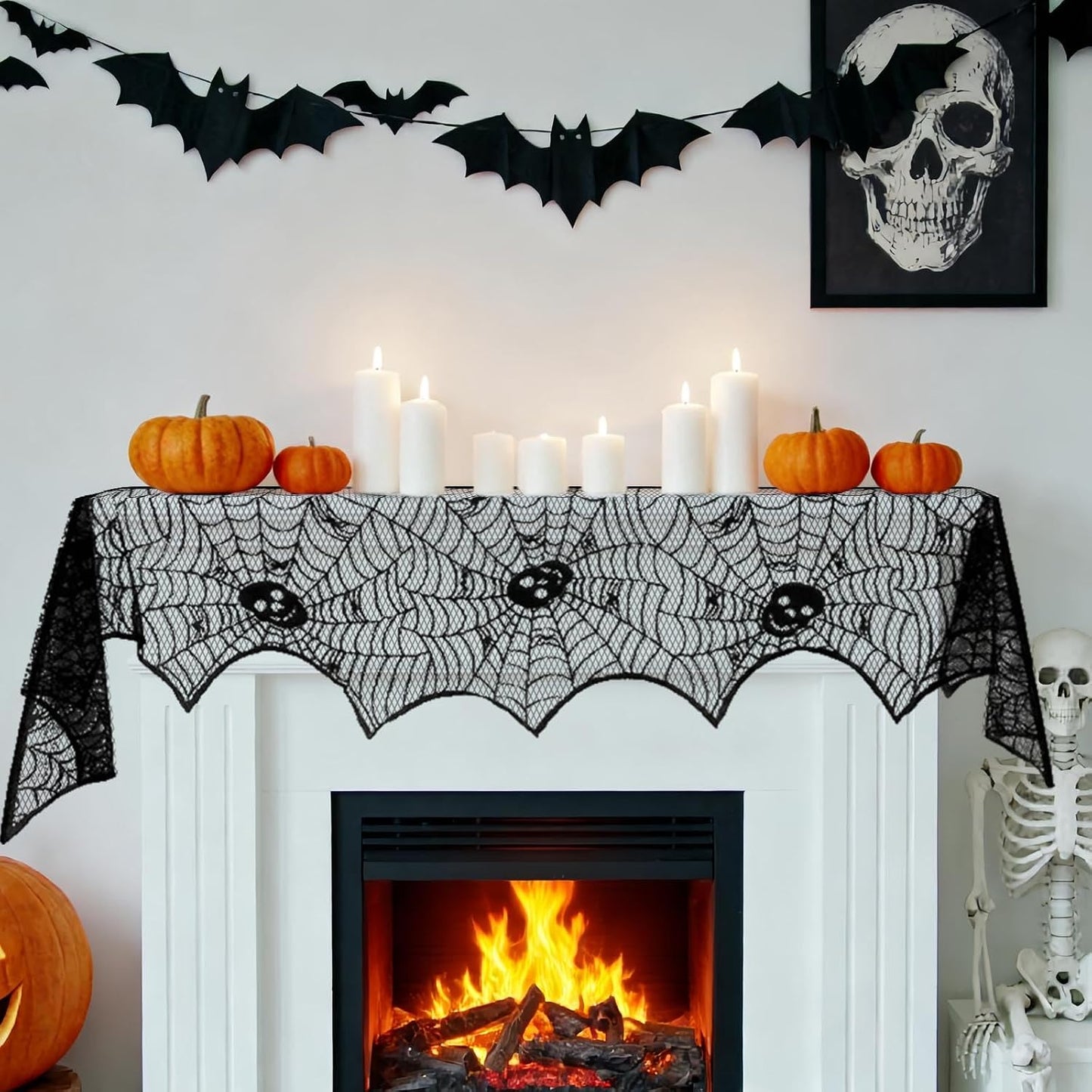 Bufanda Halloween mesa chimenea encaje negro