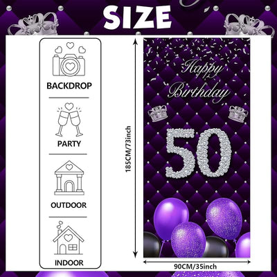 Cartel feliz cumpleaños 50 color morado decoración temática