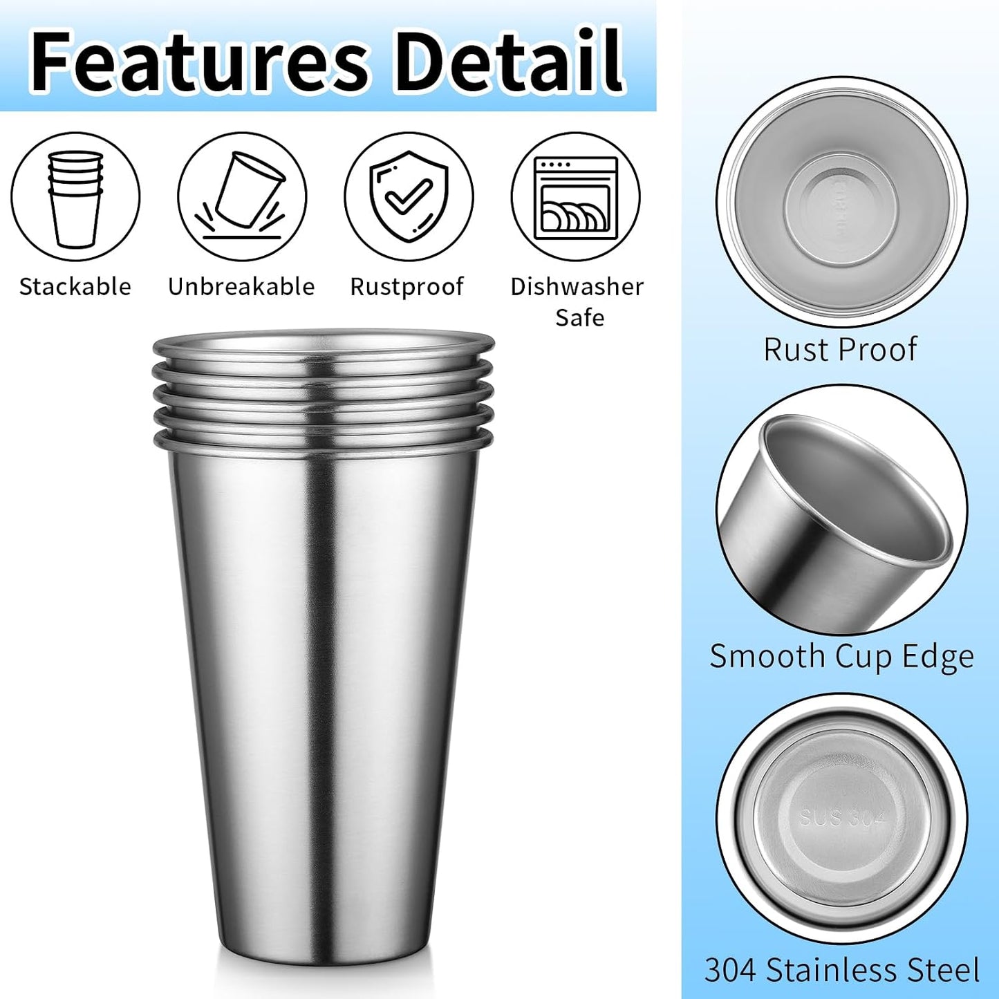 5 Pzas Vasos Acero Inox 600ml Tumbler Apilables Reutilizables