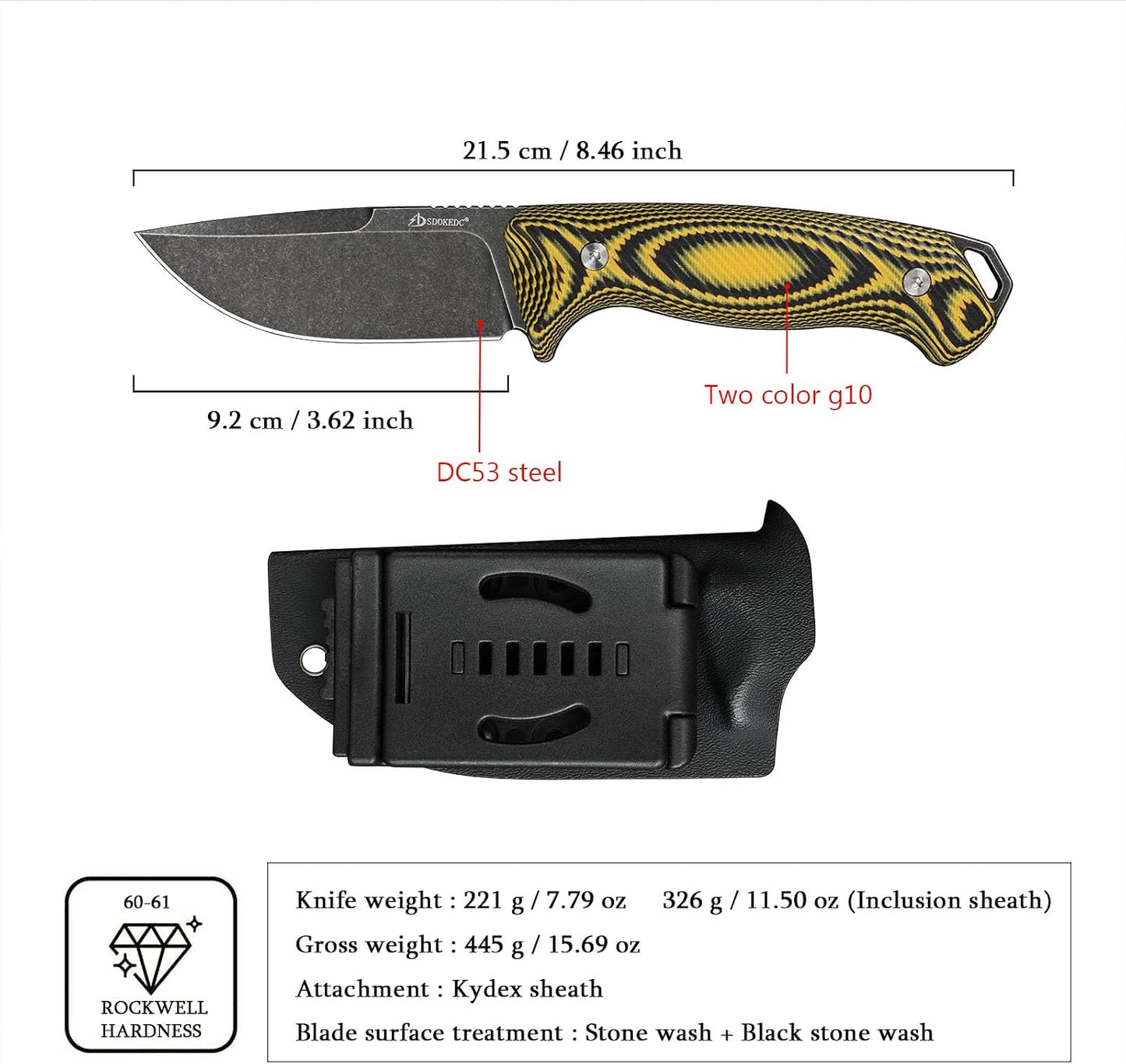 Cuchillo táctico DC53 acero G10 mango amarillo funda kydex