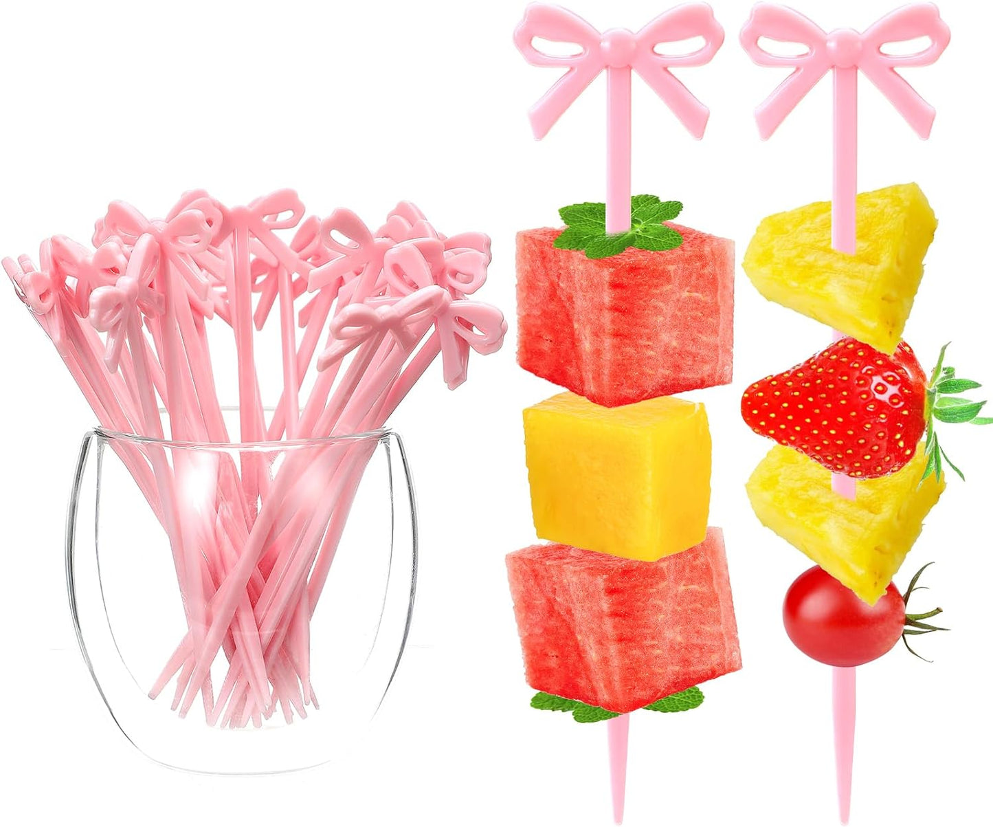 30 Pzas Brochetas Acrílico Lazo Rosa para Frutas y Aperitivos