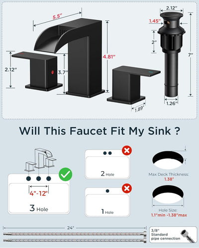 Grifo baño negro mate 3 orificios 8pulg cuadrado desagüe