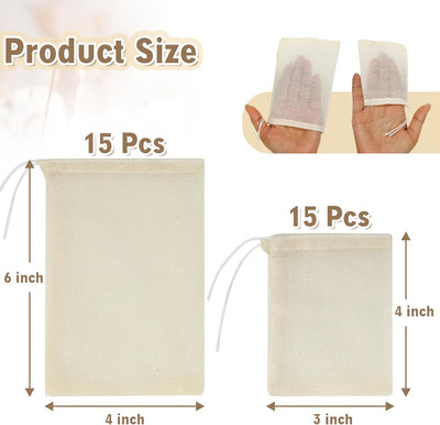 30 bolsas de muselina sin blanquear con cordón reutilizables para especias, hierbas, colar sopa, té y remojo de pies