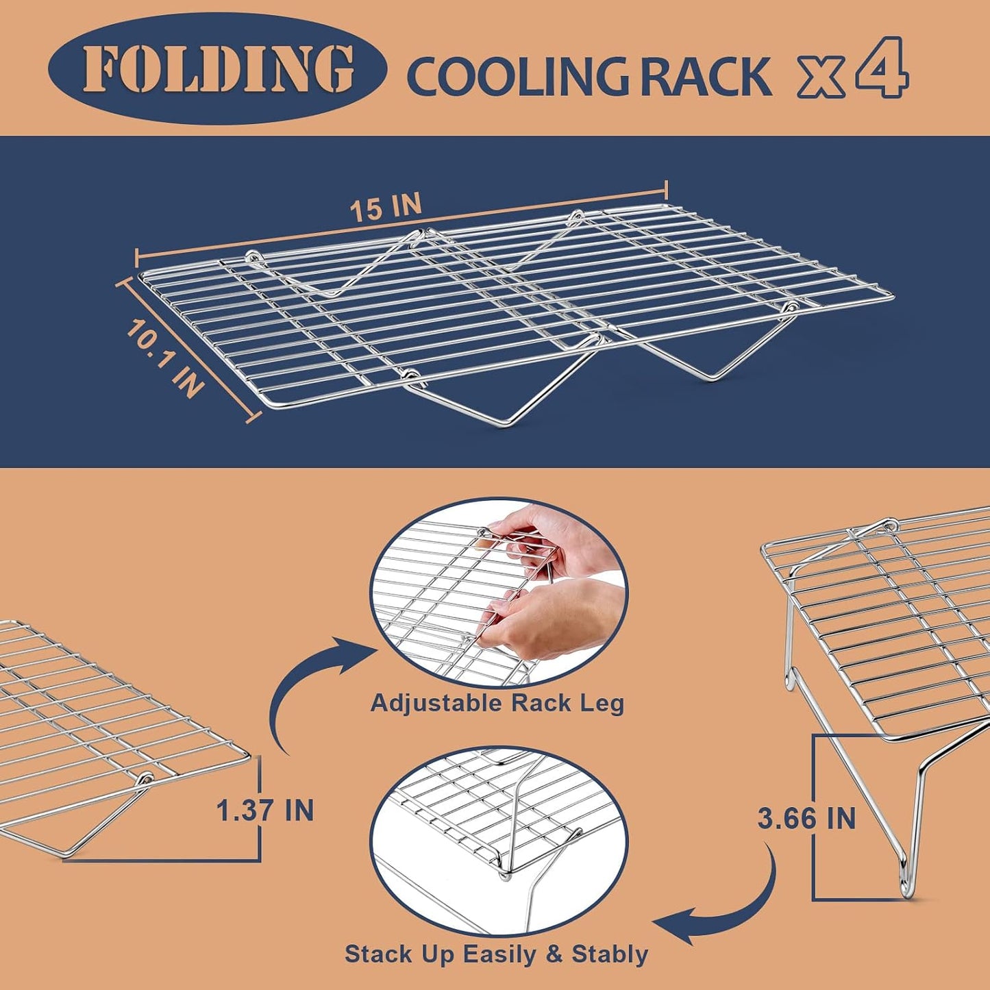Estante enfriamiento 4 niveles acero inox 15x10pulg plegable