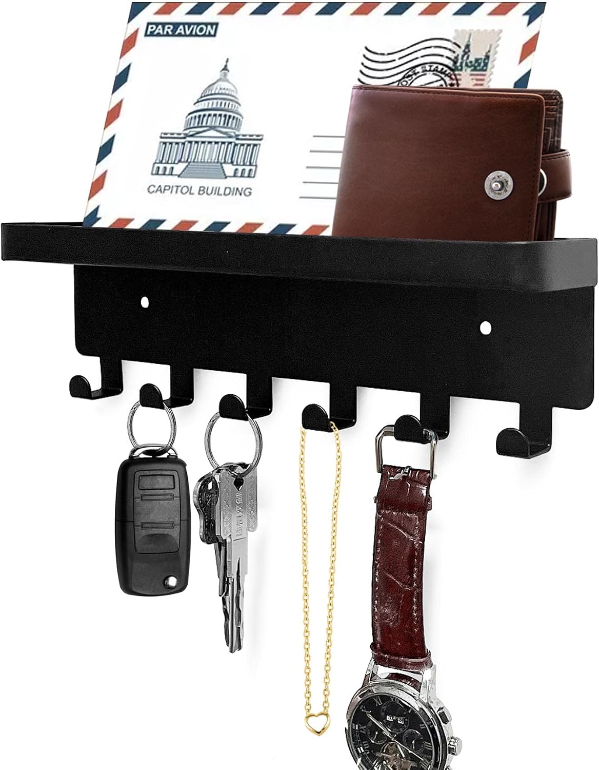 Soporte llaves pared con bandeja 6 ganchos negro