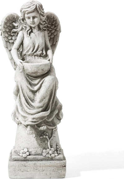 Estatua ángel con pájaro jardín 31pulg beige antiguo