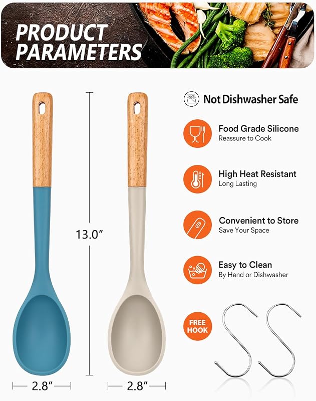 Cucharas silicona antiadherente mango madera 13.2pulg caqui azul