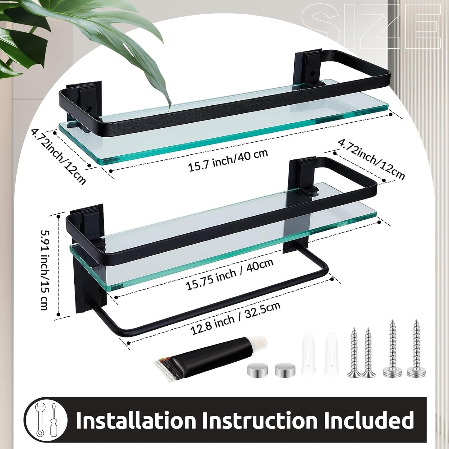 2 Pzas Estante Baño Vidrio con Barra 15.7x4.7" Negro