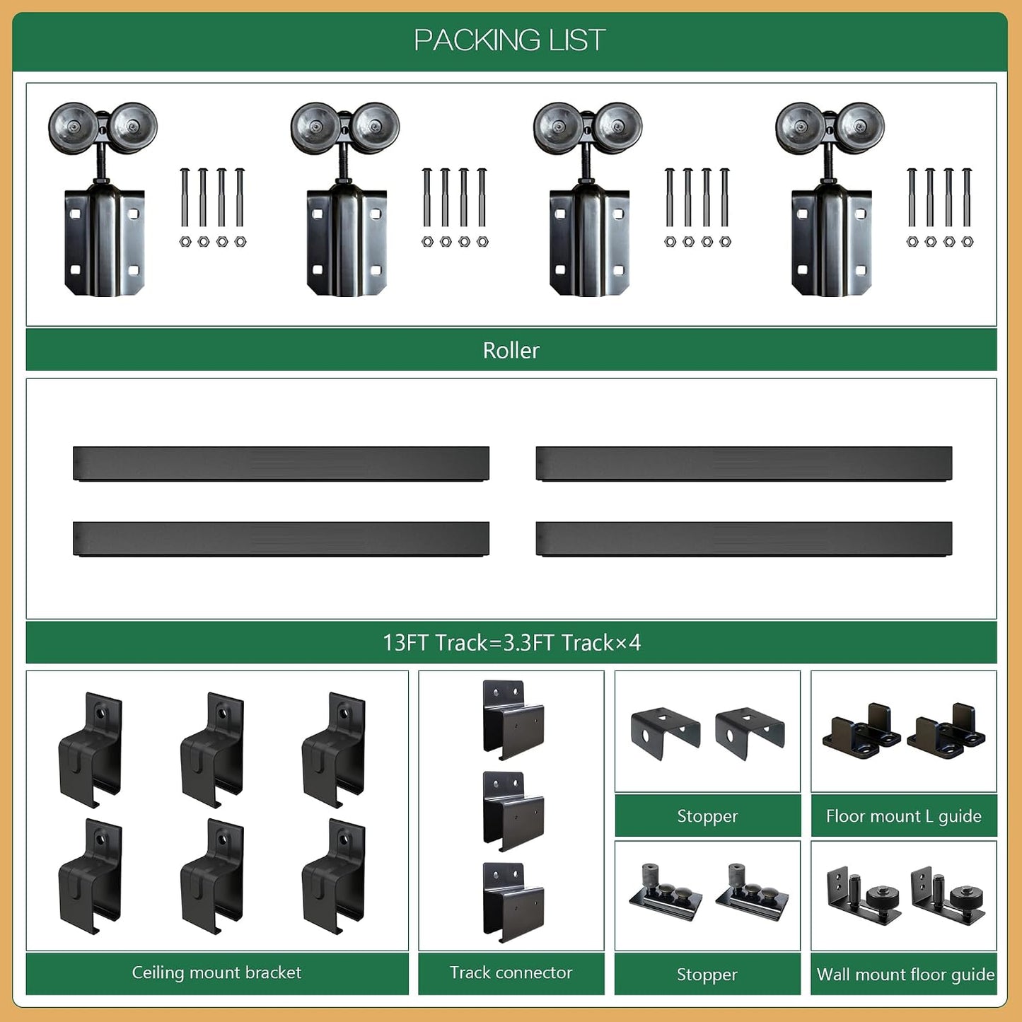 Kit riel doble puerta industrial negro 13ft carga 300lb