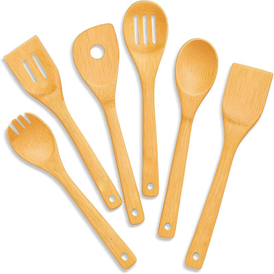 Set 6 Utensilios Madera Bambú Cocina Cucharas Espátula