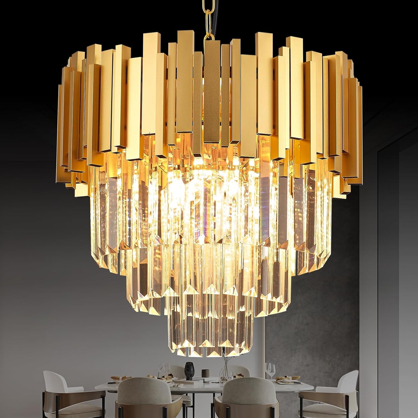 Candelabro cristal dorado 3 niveles 5 luces redondas