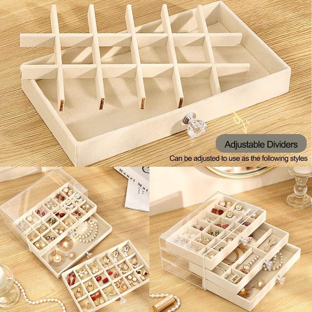 Caja terciopelo beige 3 cajones para pendientes y anillos