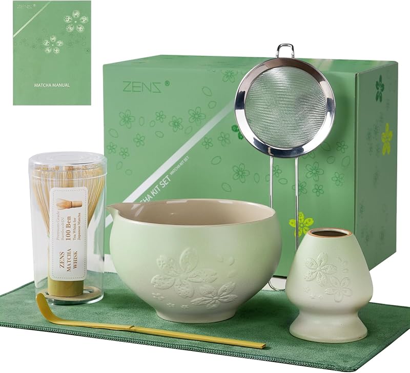 Set batidor matcha cerámica 15oz bambú chasen acero inox