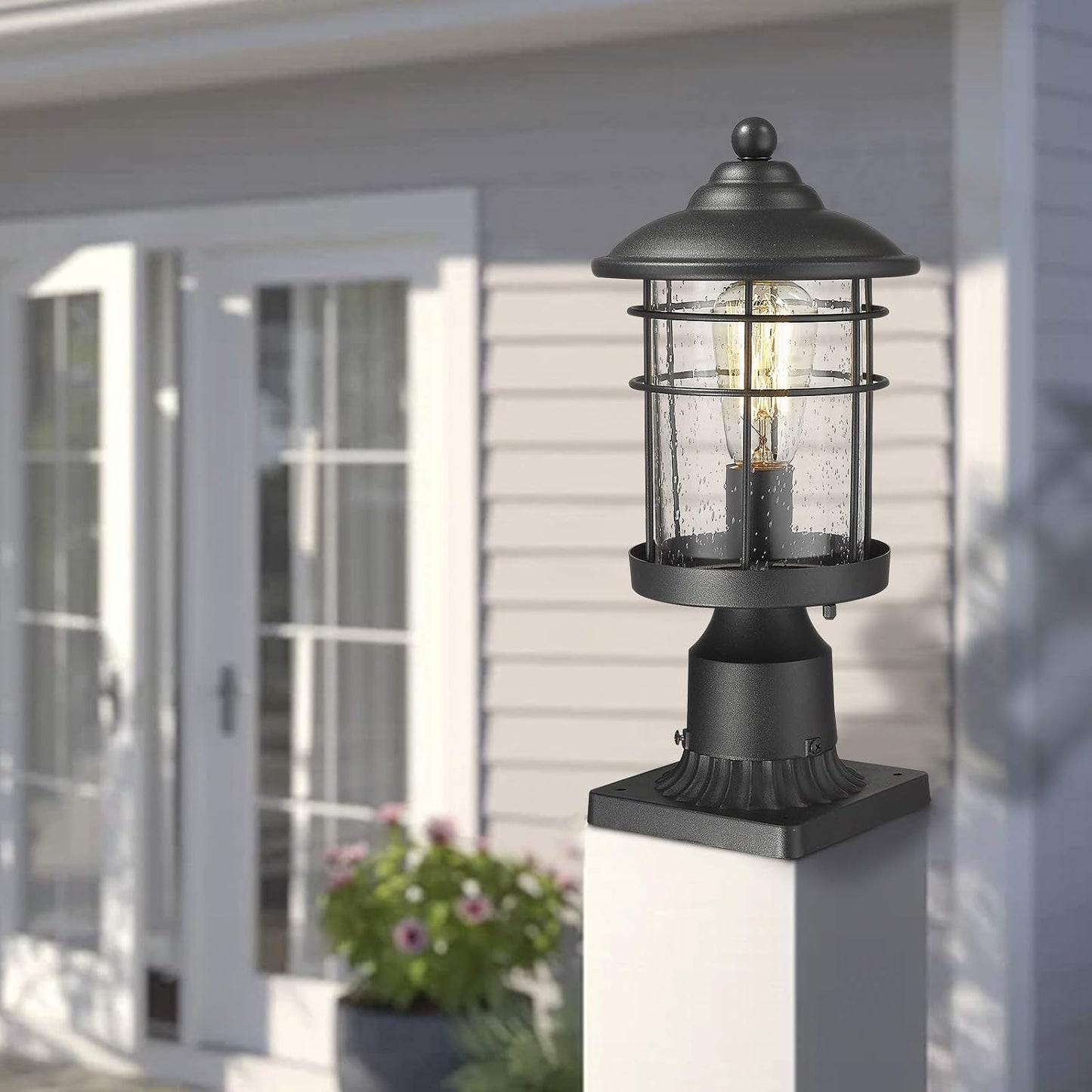 Farol poste exterior 13" negro vidrio sembrado