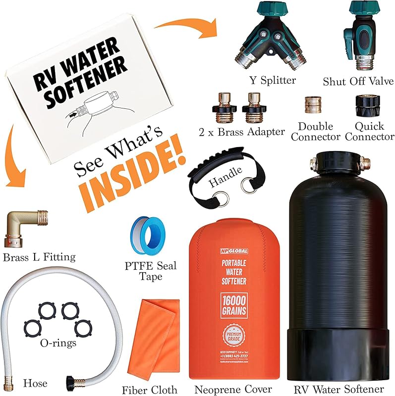 Suavizador agua portátil RV 16000 granos accesorios GHT 3/4