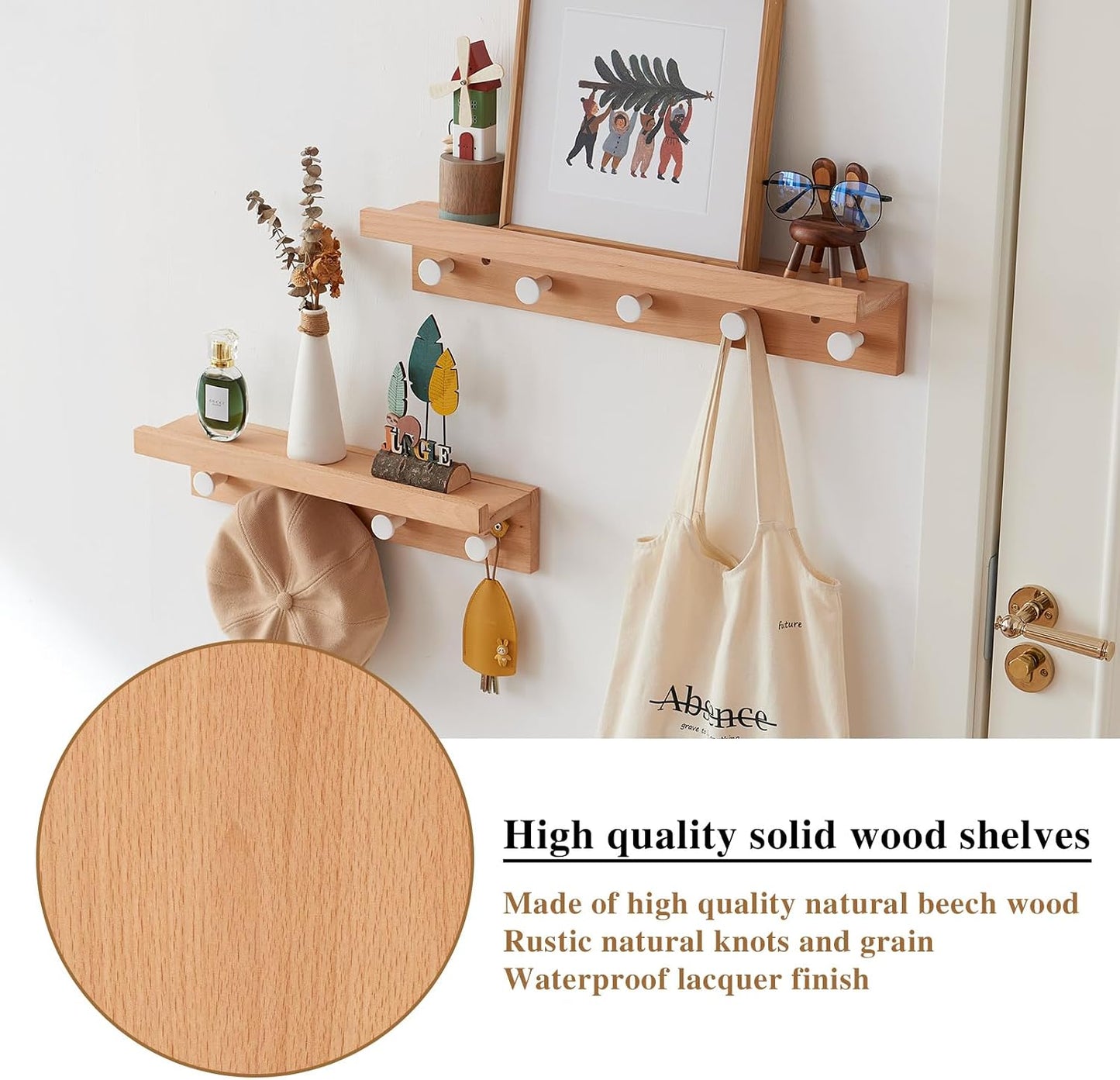 Ganchos pared con estante 24" madera haya 5 ganchos