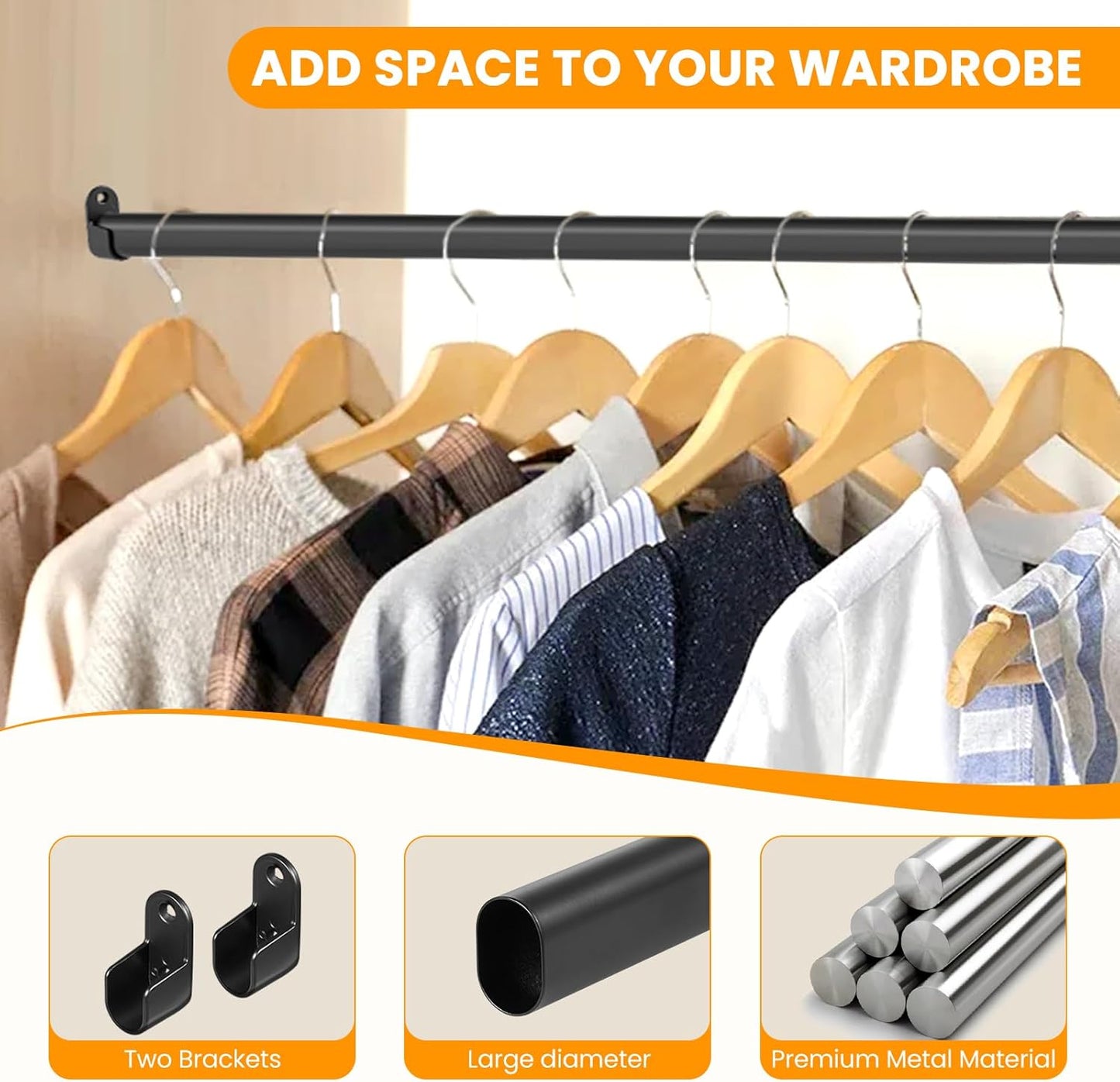 Barra ovalada para colgar ropa ajustable 18-87" negra