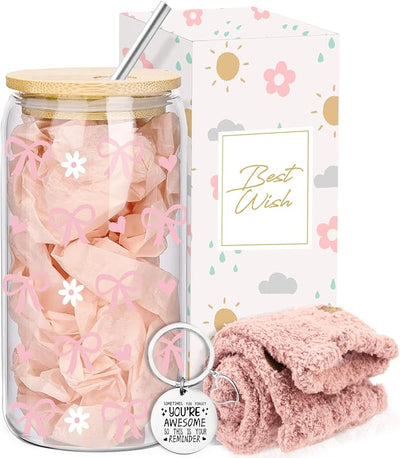 Taza Vidrio con Moño Pajita Tapa Lata Café Helado Regalo Navidad