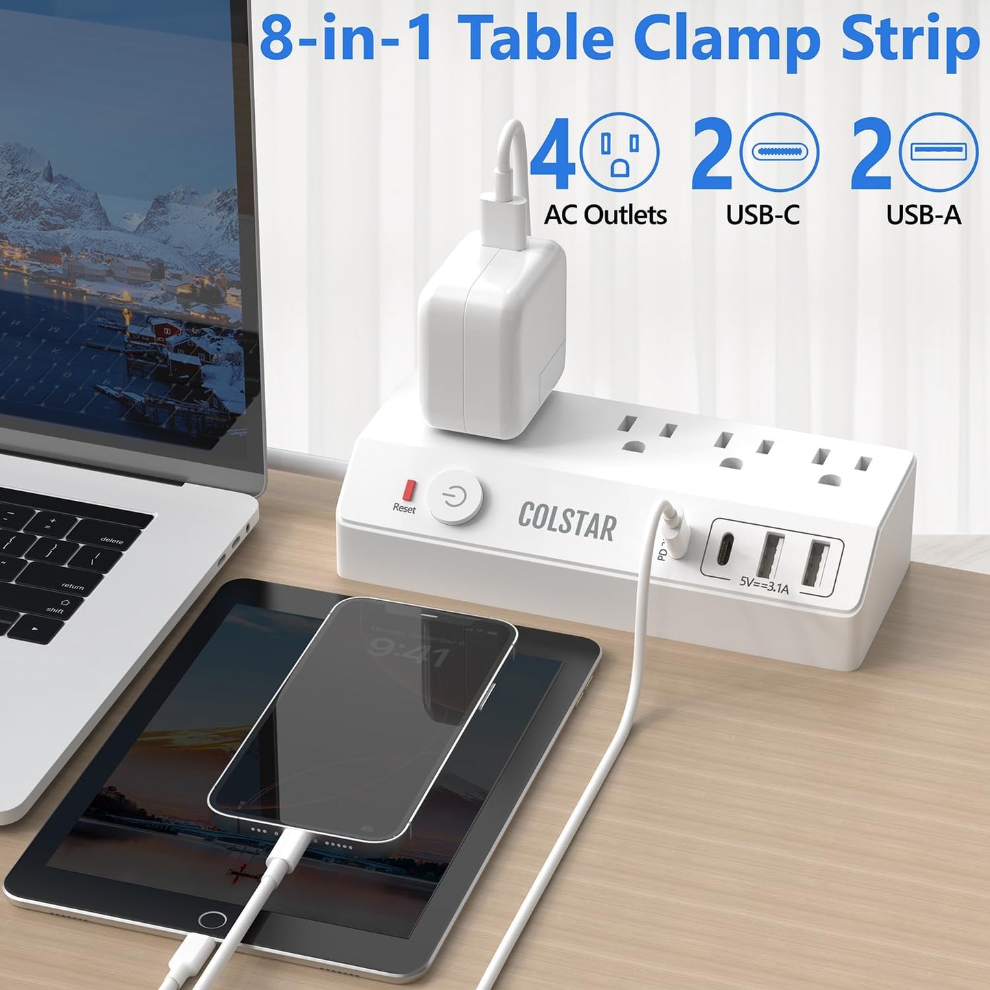 Regleta escritorio USB C 20W carga rápida enchufe plano 10pies