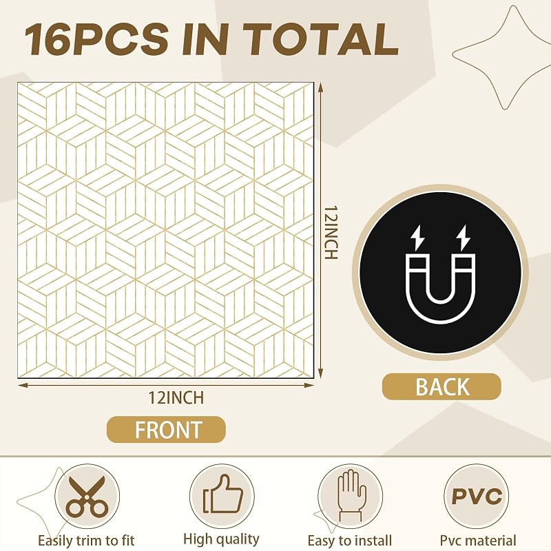 16 Pzas Papel Tapiz Magnético 12x12" Dorado Blanco