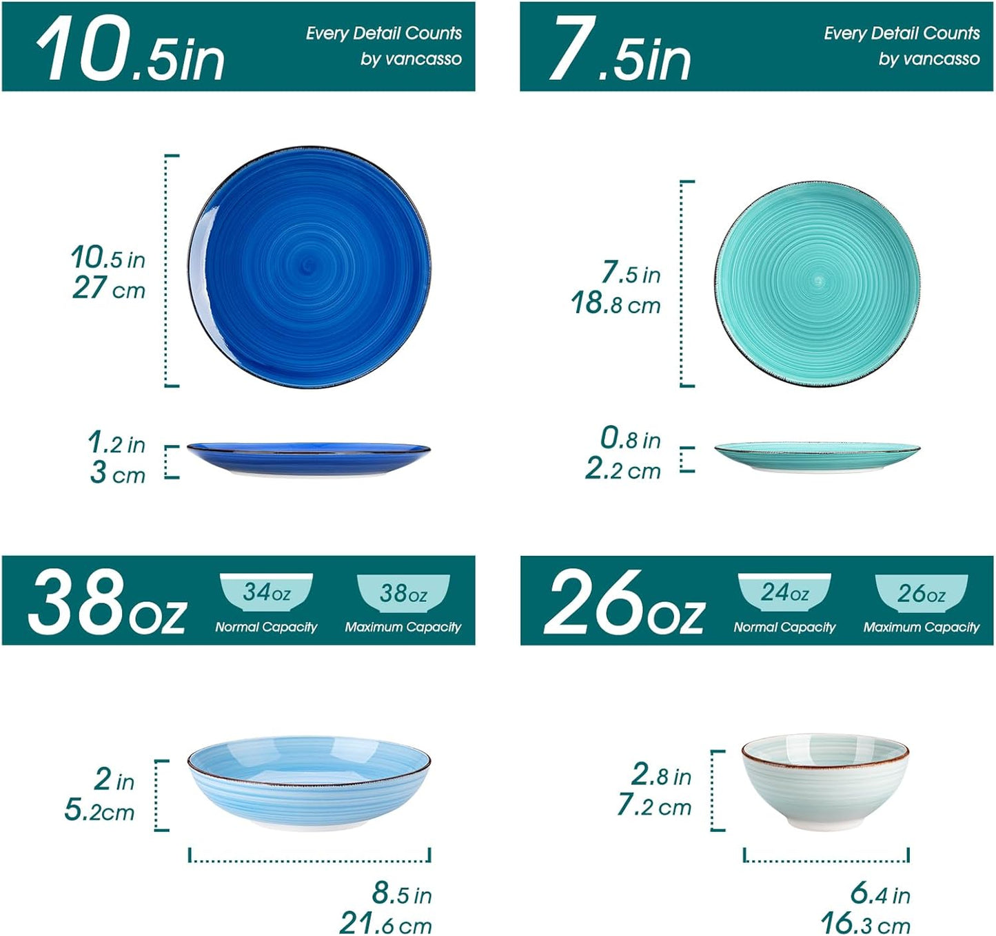 Set 24 Pzas Vajilla Cerámica Platos Espiral Azul