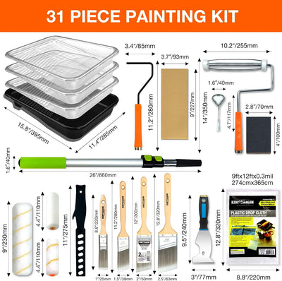 Kit 31 rodillos pintura 4.75pies 4y9pulg bandeja forros