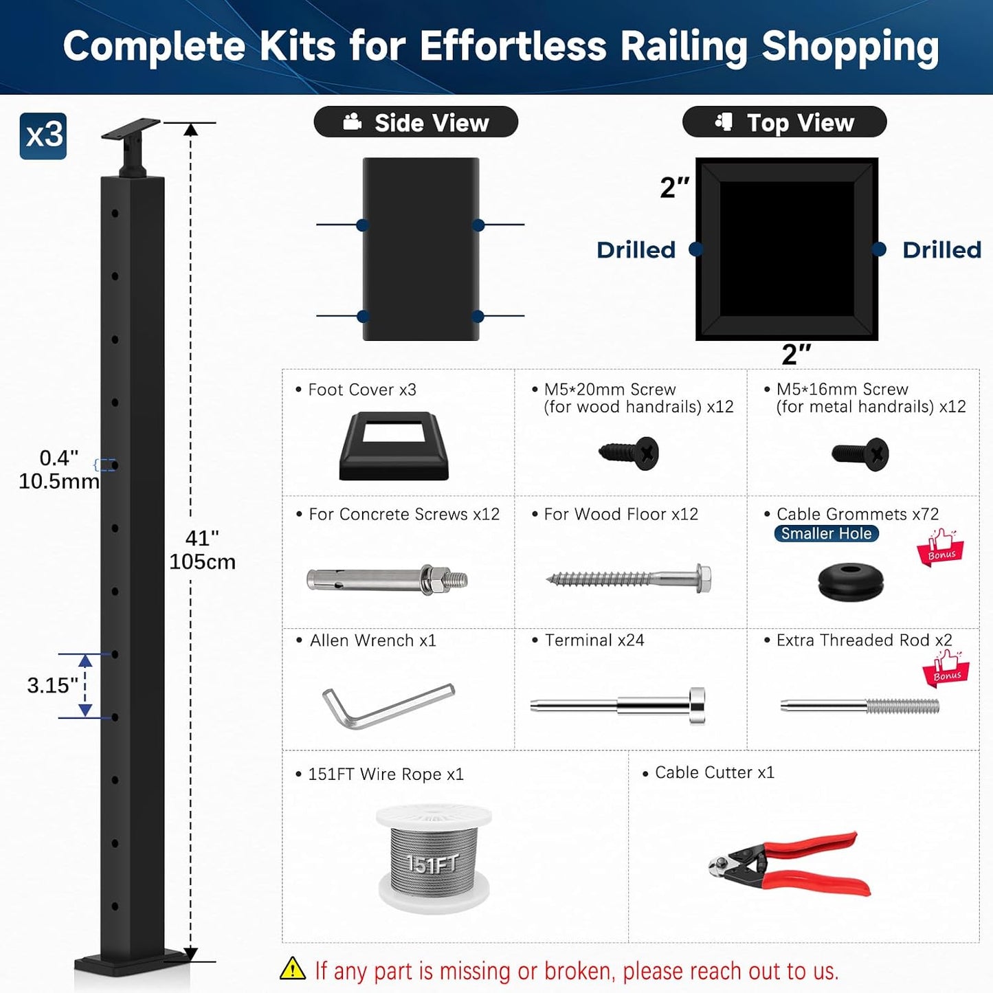 Kit 3 postes barandilla cable 42pulg ajustable incluye