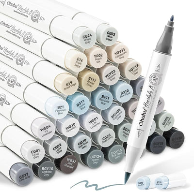 Set 36 marcadores alcohol gris doble punta pincel