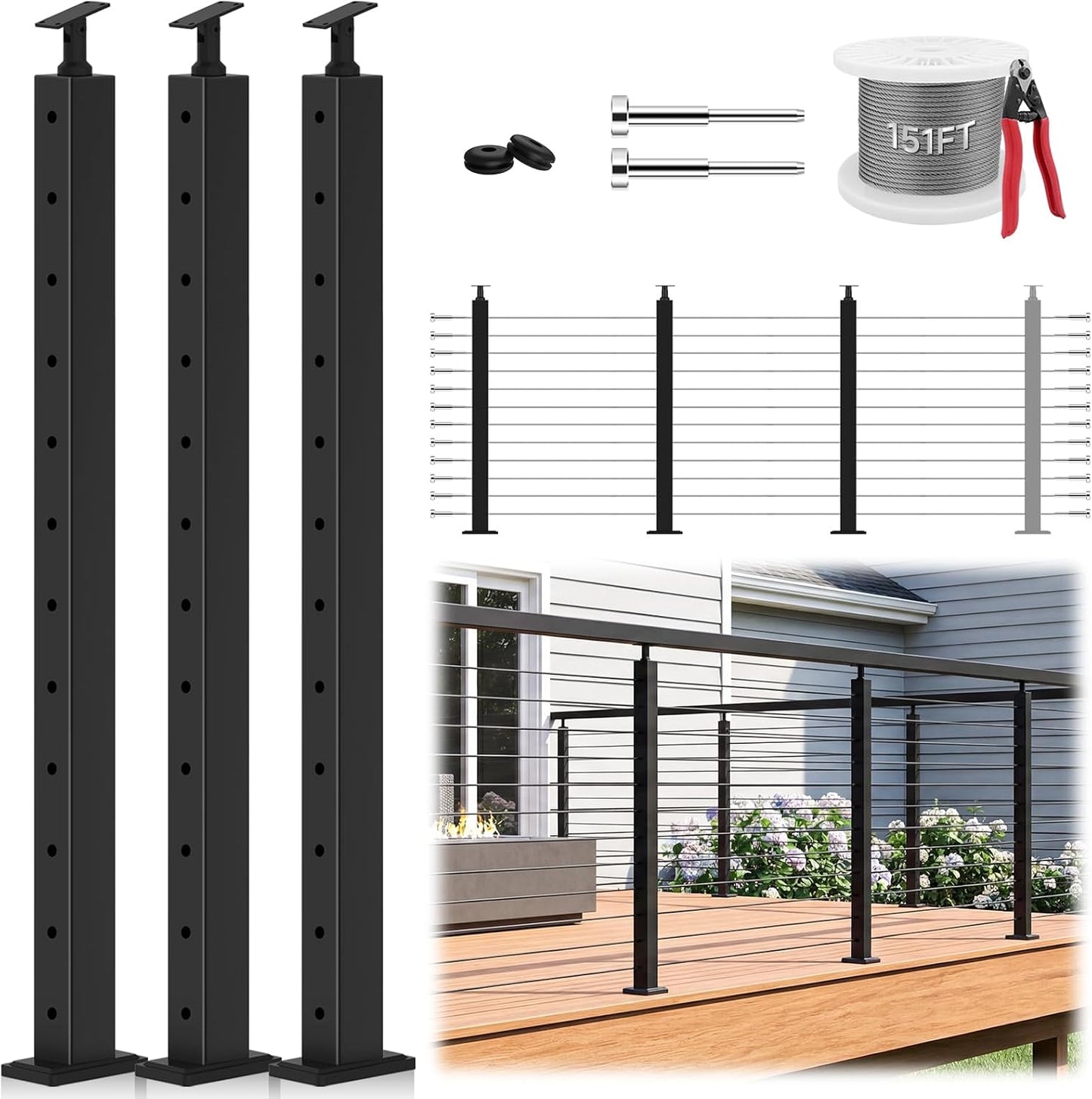 Kit 3 postes barandilla cable 42pulg ajustable incluye