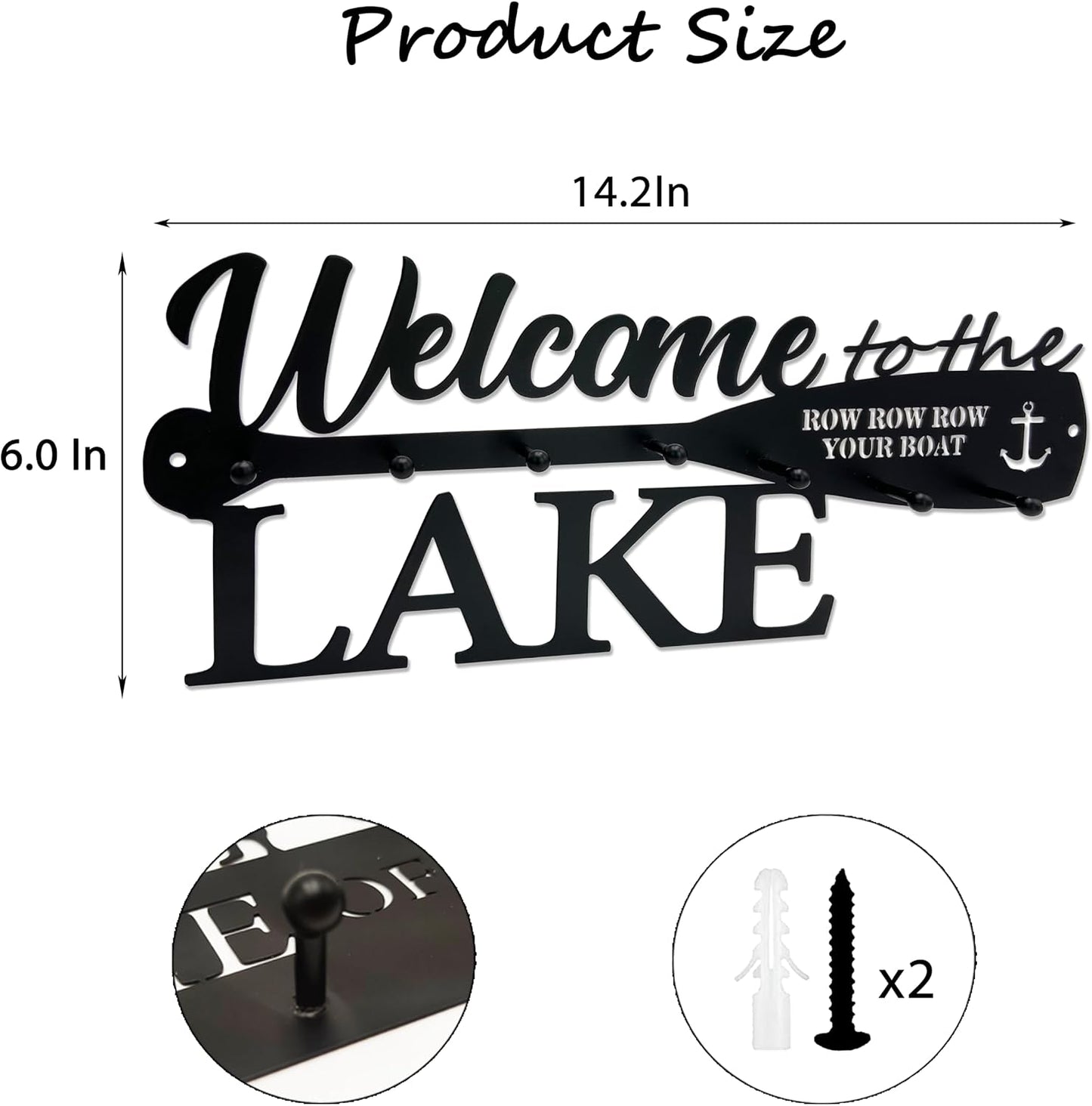 Letrero bienvenida lago con 6 ganchos 14.2x6"