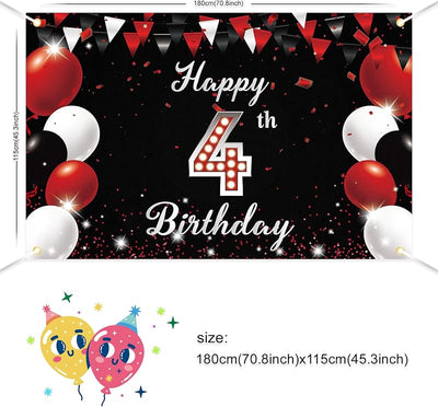 Pancarta feliz 4to cumpleaños niños roja y negra 5.9x3.8pies