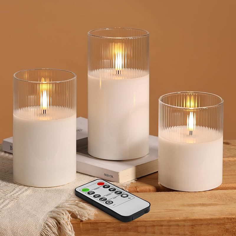 Velas sin llama acanalado transparente con control remoto set 3