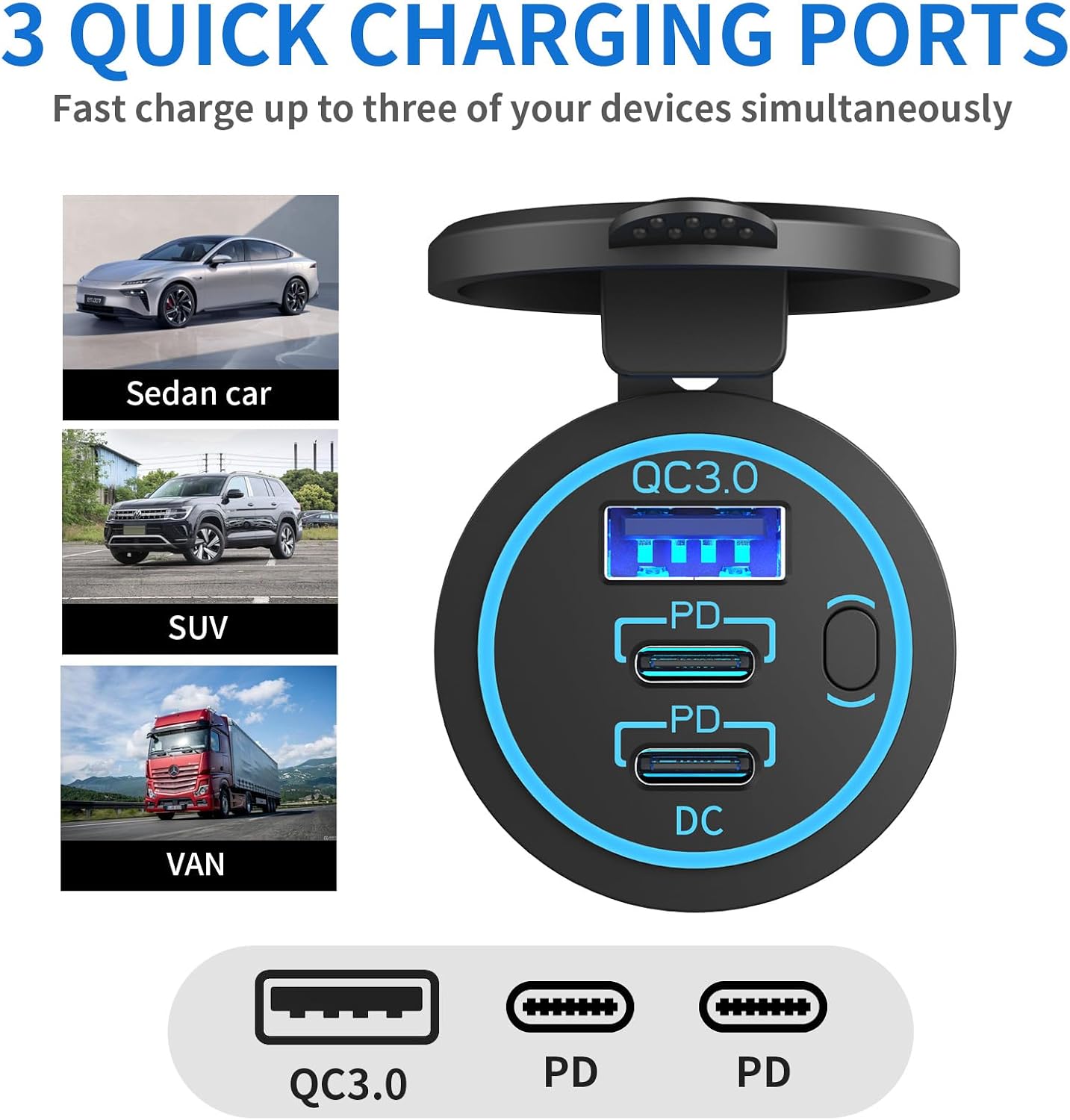 Cargador coche USB C 78 W dual PD 30 W QC3.0 impermeable
