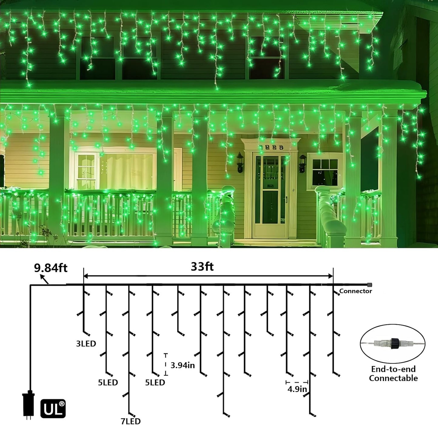 Luces carámbanos verdes 33ft 400LED enchufe 8 modos