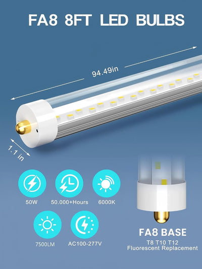 Luz LED T8 T12 8pies 6000K 50W cubierta transparente