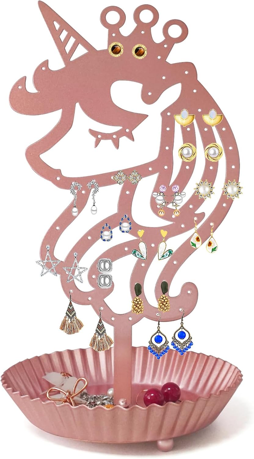 Organiz. aretes unicornio 81 agujeros soporte metal rosa